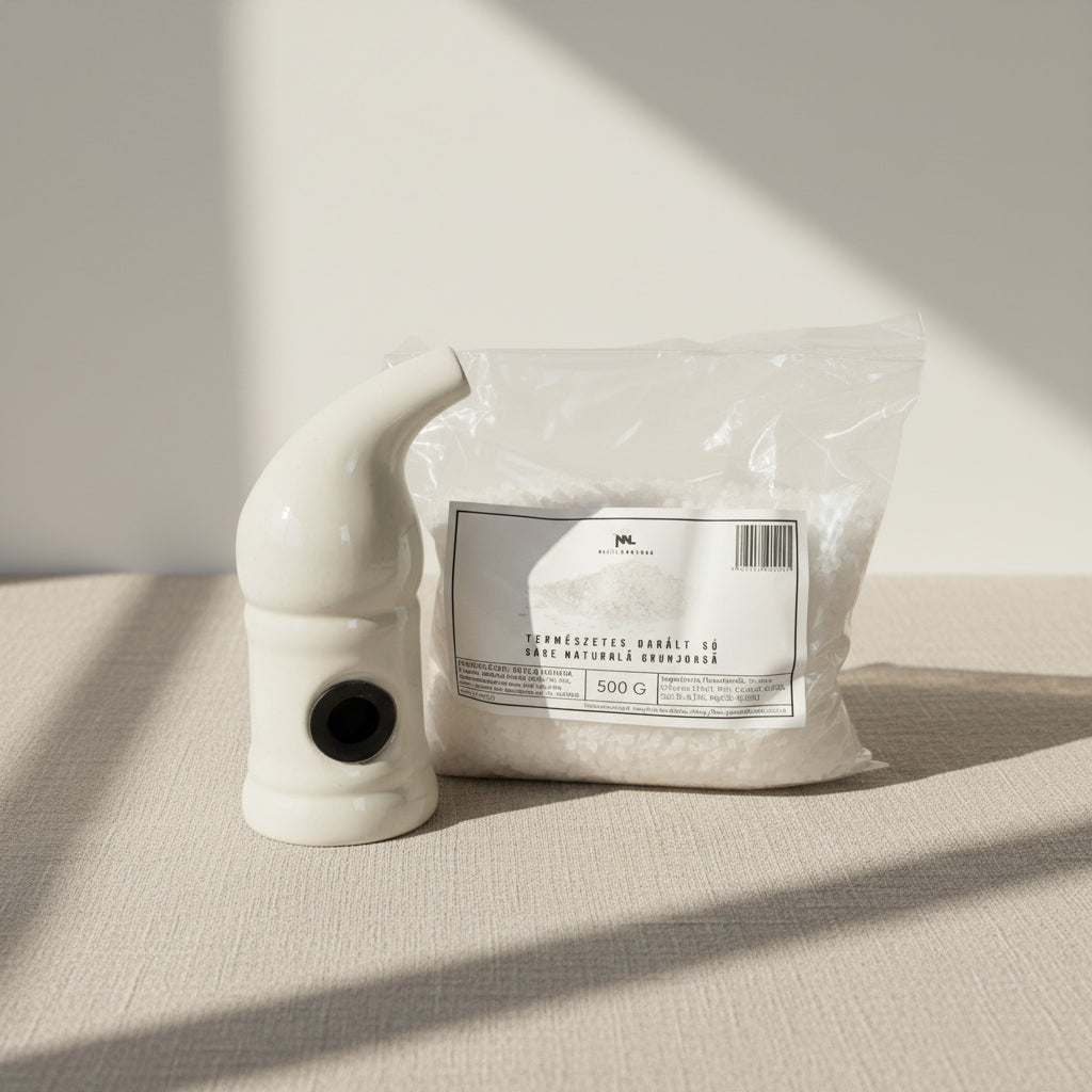 White ceramic pipe next to a bag of salt on a white background